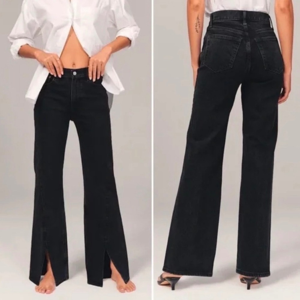 Abercrombie & Fitch Curve Love 90s Relaxed High Rise Jeans Black Split Hem 25 0s